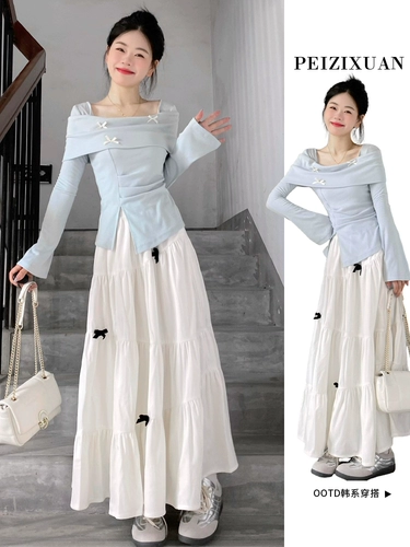 Синий лонгслив, осеннее платье, небольшая длинная юбка, комплект, французский стиль, осенний, подходит для подростков