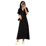 Черное летнее платье, длинная юбка, подходит для подростков, рукава фонарики, в цветочек, 2024 года, французский стиль