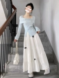 Синий лонгслив, осеннее платье, небольшая длинная юбка, комплект, французский стиль, осенний, подходит для подростков