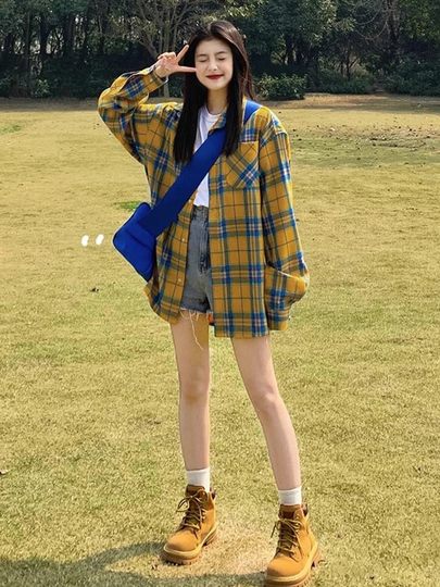 法式黄色格子衬衫衬衣外套女夏季2026年新爆款小个子长袖防晒上衣