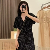 Черное летнее платье, длинная юбка, подходит для подростков, рукава фонарики, в цветочек, 2024 года, французский стиль