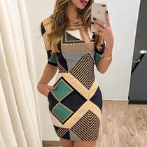 new elegant dress fashion print short-sleeved slim round ne