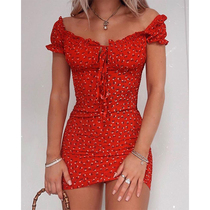 Women Floral Wrap Dress Off Shoulder Tie Up Front Ruffle Mi