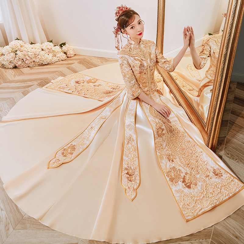 Winter elite suhe traditional wedding dress, 2023 collection, dragon and phoenix, champagne color, fitted
