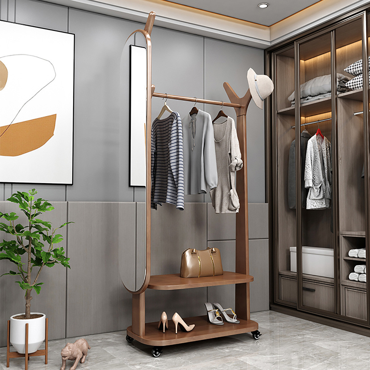 New Chinese solid wood hanging clothes hanger bedroom floor clothes hat rack with full body mirror multifunctional hanging bag clothes shelving shelf