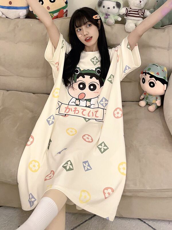 Extra Large Size 1.0-150kg Plus-Size Women's Cartoon Nightgown Summer Short-Sleeved Thin Loose-Fitting Home Wear That Can Be Worn Outside