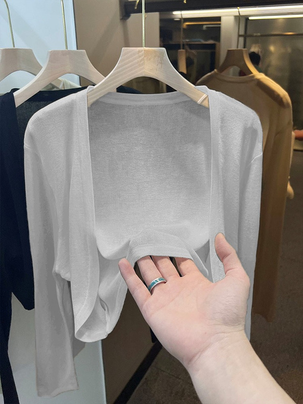 Summer High-End Gray Ice Silk Knitted Sun Protection Cardigan for Women, Thin Outerwear, Shawl, Thin Gauze Air-Conditioning Shirt
