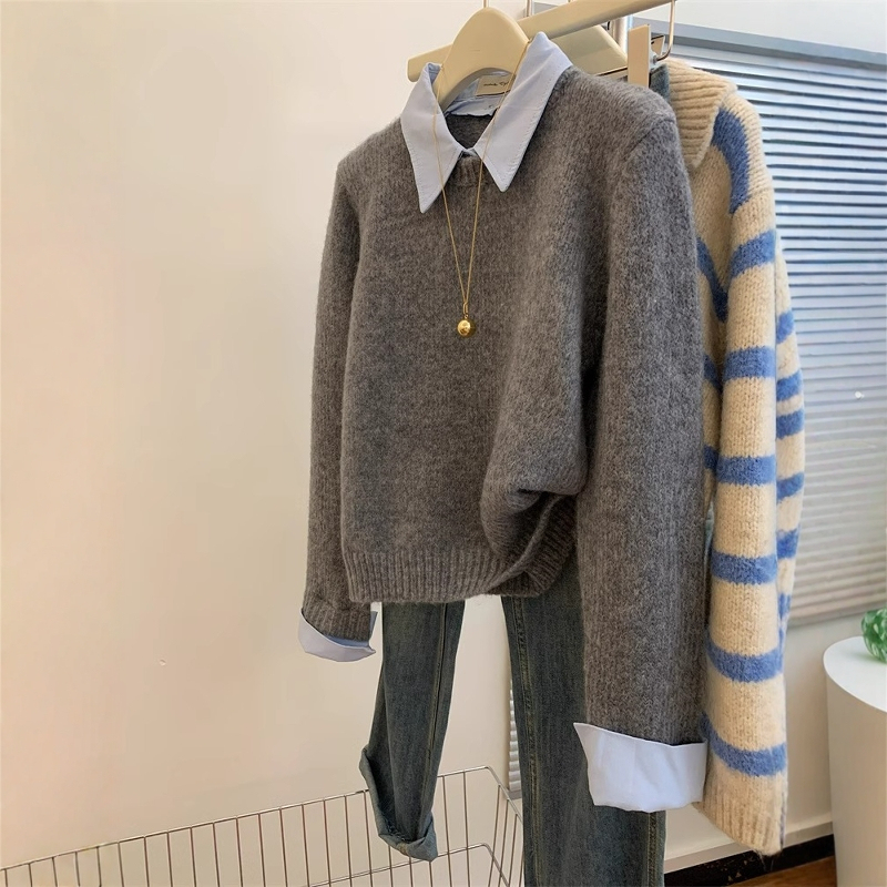 Designed Gray Shirt with Fake Two-Piece Sweater Collar for Women, Autumn and Winter Lazy Style Polo Collar Knitwear, Preppy Style Top