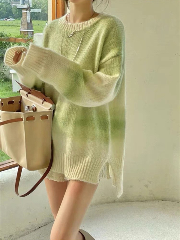 Tie-Dye Gradient Green Mori Girl Sweater, Autumn and Winter Thickened Lazy Style Loose Knitwear, Mid-Length Mohair Top