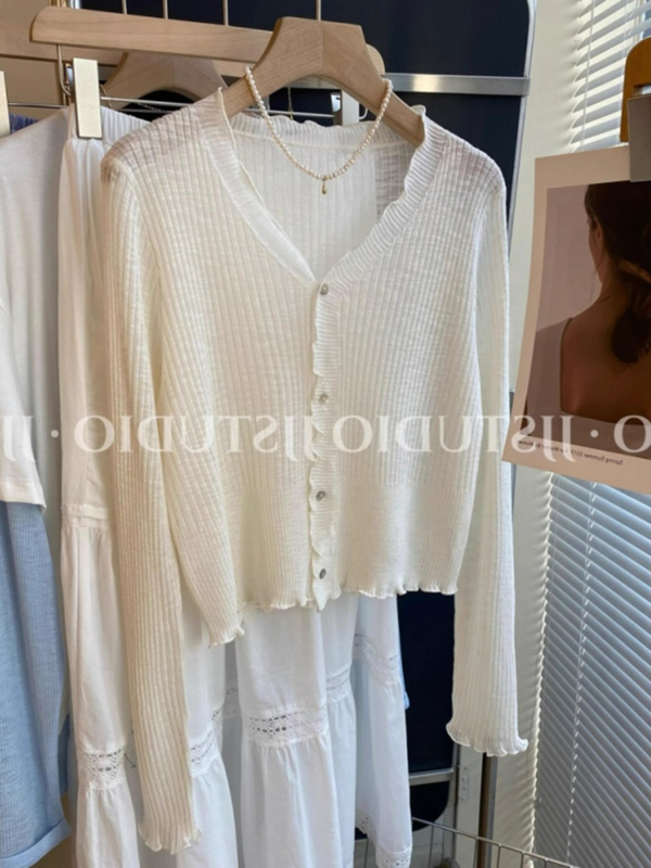 White V-Neck Ice Silk Sun Protection Cardigan for Women, Summer Thin Outerwear, Sheer Shawl, Air Conditioning Shirt