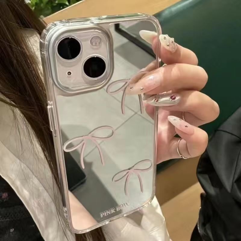 ins Wind Mirror Bowknot Case for Apple 17/16/15 Large Hole 14 Simple 13 Pro Max Large Hole Phone Case 12 Makeup Touch-Up