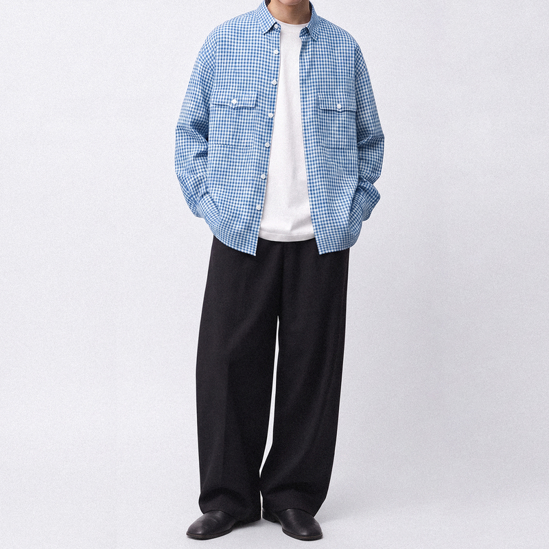 Porter Classic Japanese French Blue Plaid Linen Roll-Sleeve Lapel Long-Sleeve Shirt Loose Rbpopup Porter Classic Japanese French Blue Plaid Linen Roll-Sleeve Lapel Long-Sleeve Shirt Loose Rbpopup