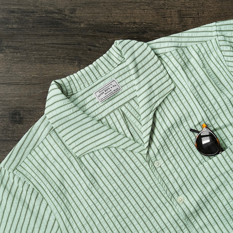 [Return Gift] Nvgs Mfg Mint Green Striped Bubble Gauze One-Collar Short-Sleeve Shirt Loose Summer Simple Style