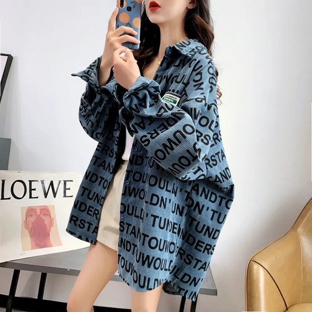 ແບບວິທະຍາໄລ corduroy printed shirt jacket 2023 autumn new loose Korean style retro mid-length shirt shirt for women