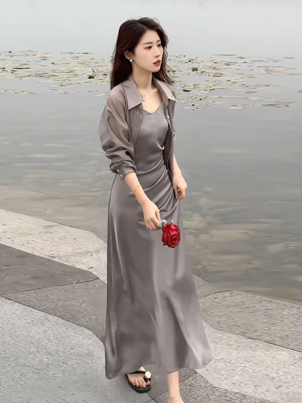 Light and Mature Style Dress Set for Women, New Summer Style, Waist-Cinching, Slimming Suspender Skirt, Sun Protection Shirt, Stylish Two-Piece Set Light and Mature Style Dress Set for Women, New Summer Style, Waist-Cinching, Slimming Suspender Skirt, Sun Protection Shirt, Stylish Two-Piece Set