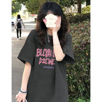 Gray large short-sleeved T-shirt for women in summer loose mid-length American retro design niche bottoming shirt top