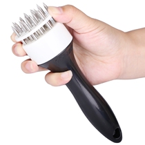 Insert the meat fork break the tendons tie the tender meat hammer the meat skin hammer burn the meat insert the steel nail the meat fork the chicken chop the barbecue the eye-piercing