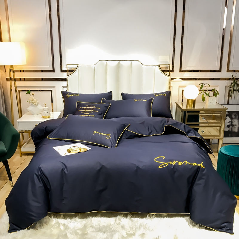 Luxurious Fuannah Home Textile Four pieces of simple pure cotton embroidery 100 long suede cotton pure color quilt cover light lavish Nordic