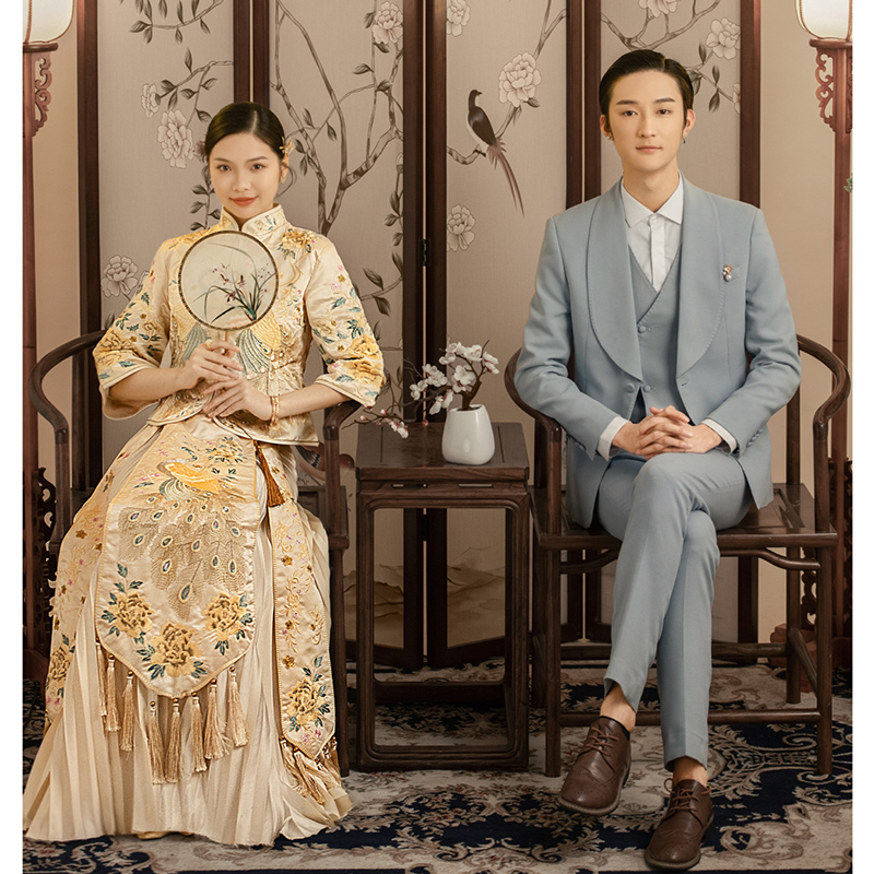 Golden Xiuhe clothes summer thin section out of the cabinet clothes champagne Chinese wedding clothes toast clothes ancient wedding clothes wedding clothes show kimono