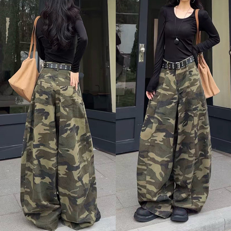 Three-Dimensional Structure Cut-Out Camouflage Workwear Wide-Leg Jeans for Women, Spring Loose High-Waisted Slimming Casual Floor-Length Pants