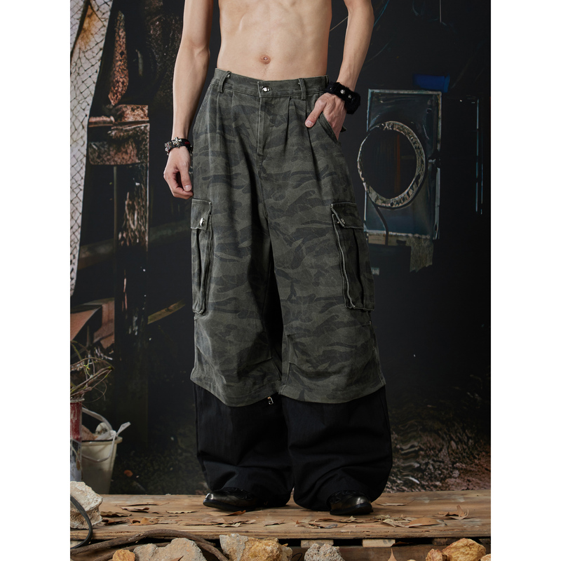 Unmanned Island Detachable Leg Pants, Two-Way Wear, Loose Straight-Leg Camouflage Pants, Jeans, Street Style Long Pants