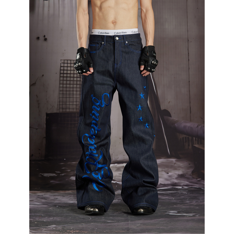 Unmanned Island Full Embroidery English Star Light-Ya Streetwear Millennium Classic Straight-Leg Raw Denim Jeans for Men and Women