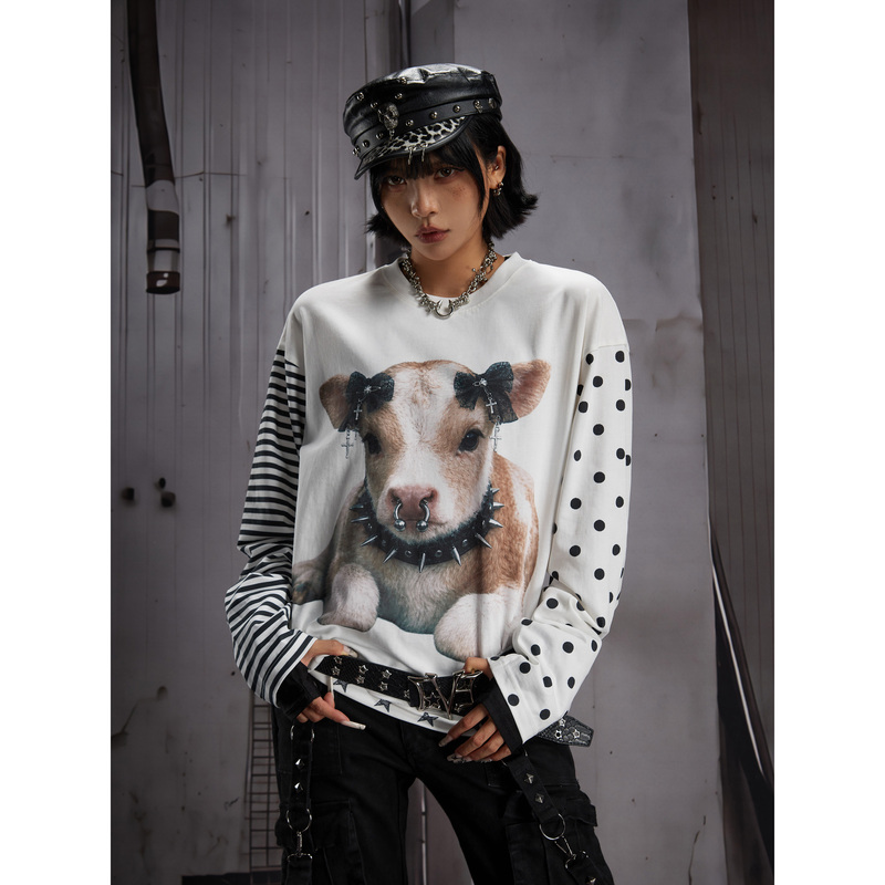 No Man's Land Original Light Cotton Polka Dot Stripe Star Print Long Sleeve T-Shirt Unisex Autumn Top
