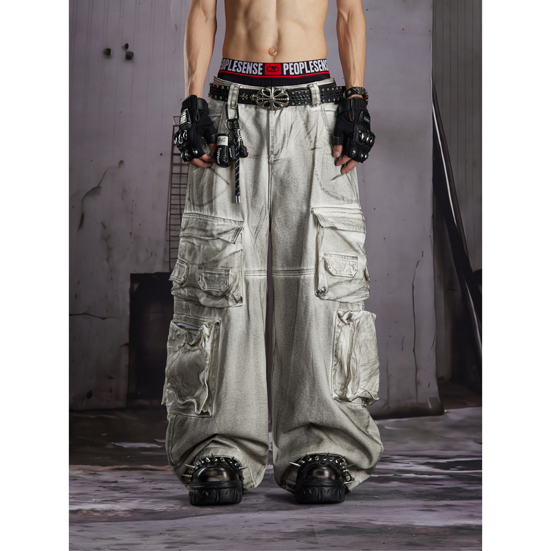 Unmanned Island American-Style Heavy-Duty Dirty-Dyed Workwear Multi-Pocket Denim Pants for Men and Women, Wide-Leg Washed Vintage Long Pants Unmanned Island American-Style Heavy-Duty Dirty-Dyed Workwear Multi-Pocket Denim Pants for Men and Women, Wide-Leg Washed Vintage Long Pants