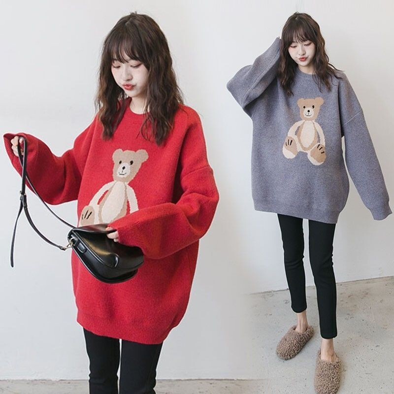 Maternity Wear Autumn Sweater Set for Going Out, Maternity Autumn and Winter Mid-Length Bear Sweater Coat, Thickened Trendy Top