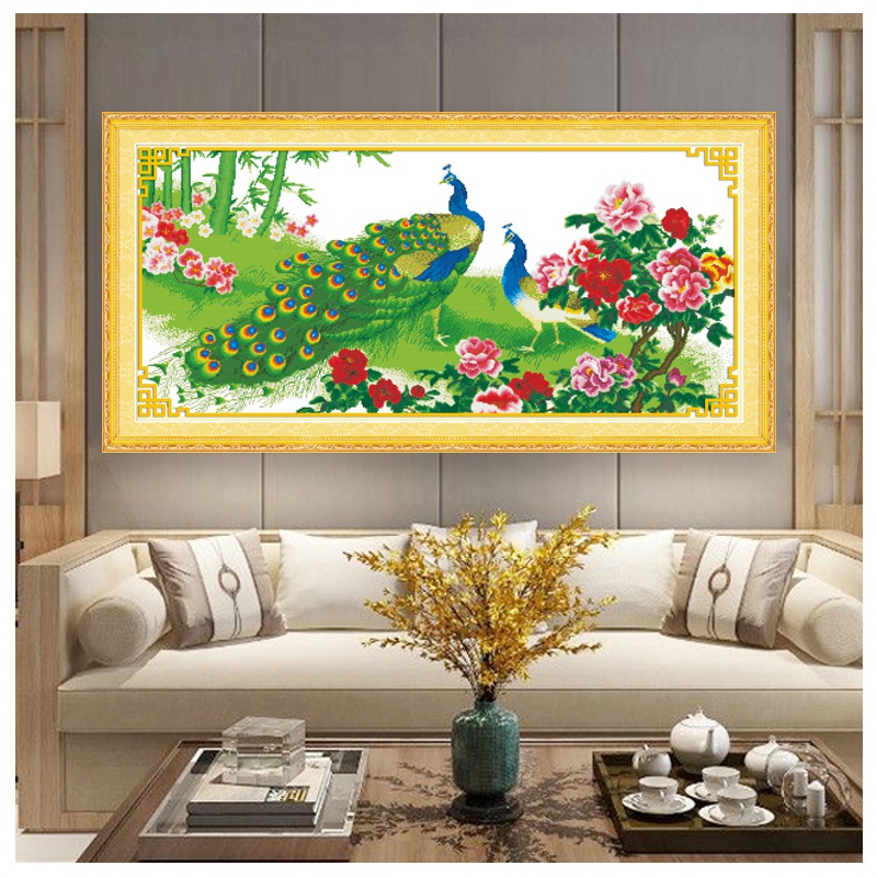 Flowers blooming wealthy cross stitch peacock 2021 new splendid future landscape painting large living room own embroidery handmade painting