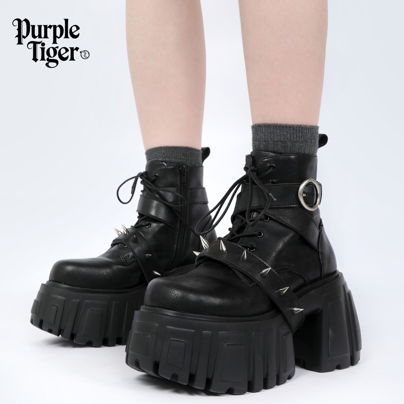Purple Tiger【Original】Niche Rock Thick-Soled Ankle Boots 2026 Studded Height-Increasing Dark Style Ankle Boots