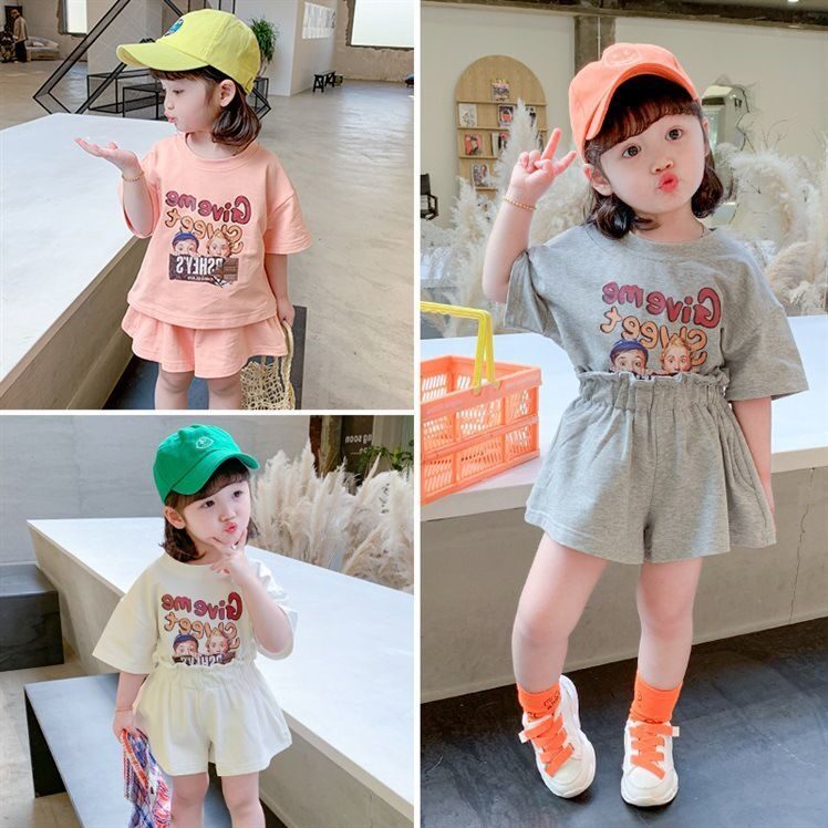 Children's clothing girls summer 2022 new girls' short-sleeved suit girl baby foreign style shorts two-piece set children's summer clothing tide