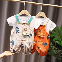 Boys and girls overalls suit 2022 new summer baby childrens foreign style baby short-sleeved two-piece childrens tide clothes