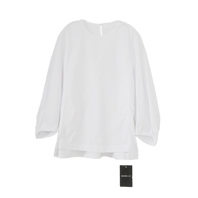 Bodhlcat Woven Pima Cotton Basic White Casual Round Neck Long-Sleeved T-Shirt with Front Slit at the Bottom