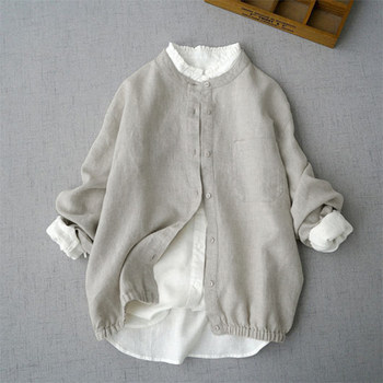 Japanese-Style Foreign Trade Women's Clothing Spring and Autumn Vintage Cotton and Linen Long-Sleeved Tops Shirts Women's Hem-Cinched Solid Color Jackets for Women