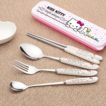 Cute portable tableware storage three-piece set student ceramic set family stainless steel chopsticks cartoon children's spoon