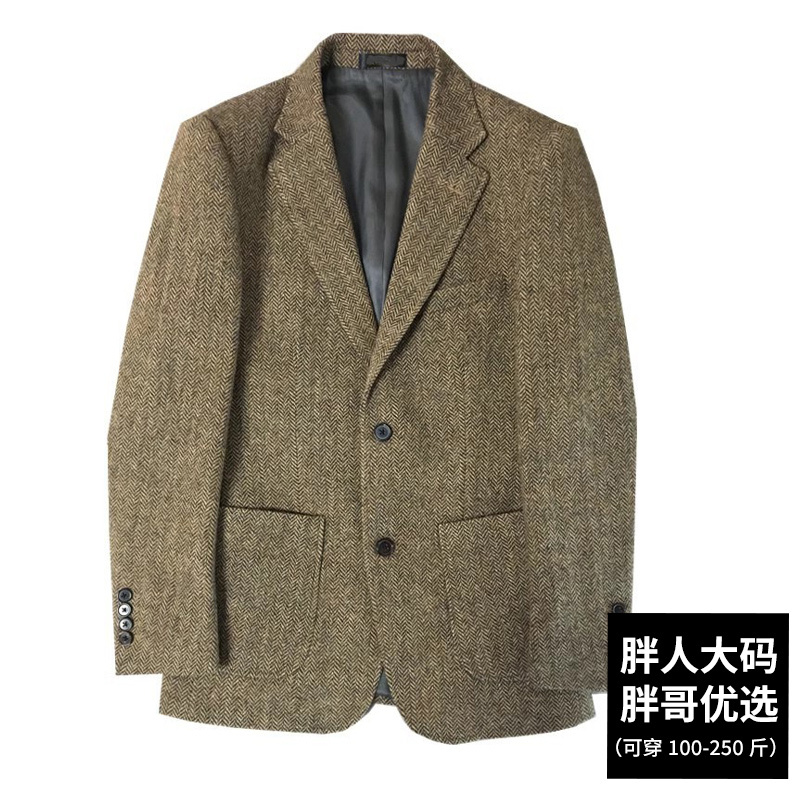 Plus-Size Men's Autumn New Suit Jacket, Vintage British Herringbone Tweed Business Commuter Versatile Suit
