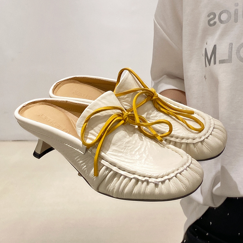 First-Layer Cowhide Fashionable Slip-On Mules, Lazy High-Heeled Shoes, Height-Increasing French Loafers, Chunky Heel, Closed-Toe Half-Slippers for Women