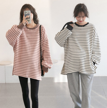 Pregnancy Woman Dress Blouse Autumn Winter New Loose big code Korean version Covered Spanking Pregnant Womans Long Striped Jersey Undershirt