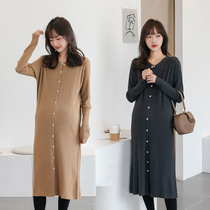 Pregnancy Woman Dress Autumn Winter New Korean Version Pit Bar Cardiovert Pregnant Woman Sweater Ocean Pistachio Woman Over Kneecap Bottom Knit Dress