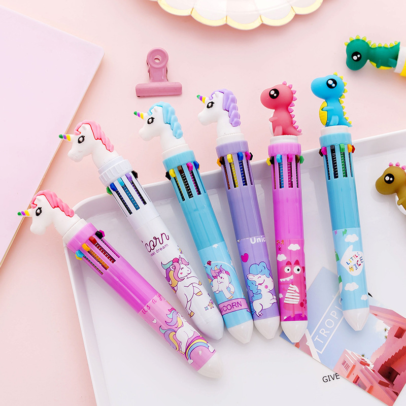 10 color cartoon ballpoint pen student stationery multi-function press bullet ballpoint pen cute small fresh press marker pen color super cute pen children student unicorn stationery prize