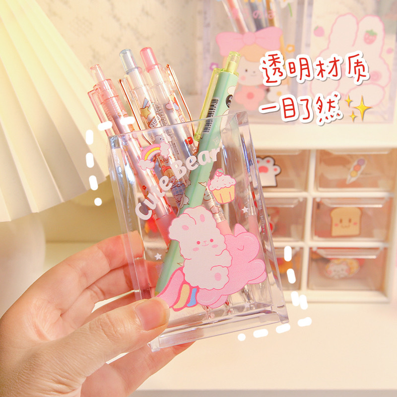 Cartoon acrylic square pen holder thickened simple modern transparent creative personality square multi-functional large-capacity cute student stationery desktop finishing storage box transparent makeup brush storage cylinder