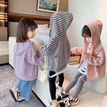 Girl Weaters Coat 2022 Autumn Clothing Children Baby Spring Autumn Style Foreign Air Striped with hood Childrens cardio-hoodie blouses