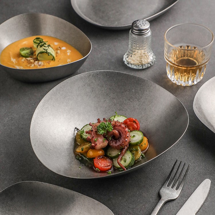 Retro 304 Stainless Steel Special-Shaped Plate Barbecue Meat Dessert Salad Bowl High-End Asymmetrical Dish Plate American Tableware
