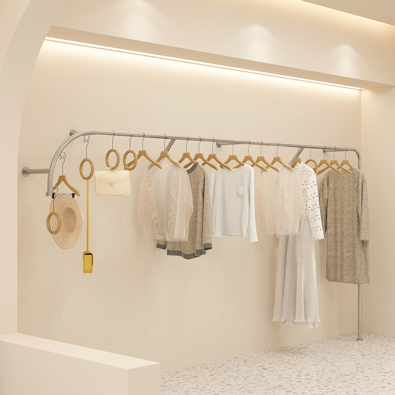 Clothing store display stand Women's clothing display stand Floor-standing stainless steel silver metal shelf wall clothes hanging clothes rod