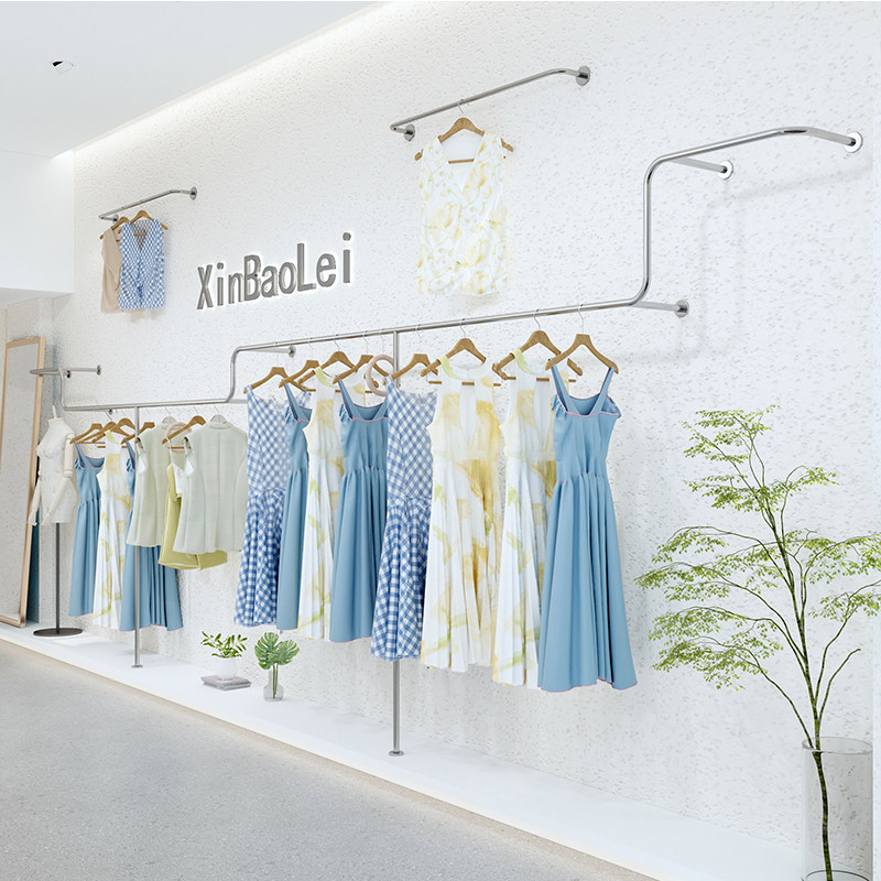 Clothing store display rack Display rack on the wall hanging stainless steel hanging clothes rack Modern Korean style women's clothing store rack
