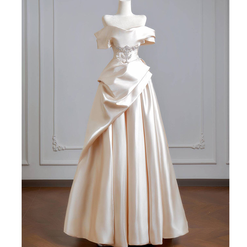 Satin Dress, One-Shoulder, High-End, Suitable for Going Out, Light Wedding Dress, Birthday, Coming-Of-Age Ceremony, Morning Gown, Female Bride, Engagement, Main Wedding Dress