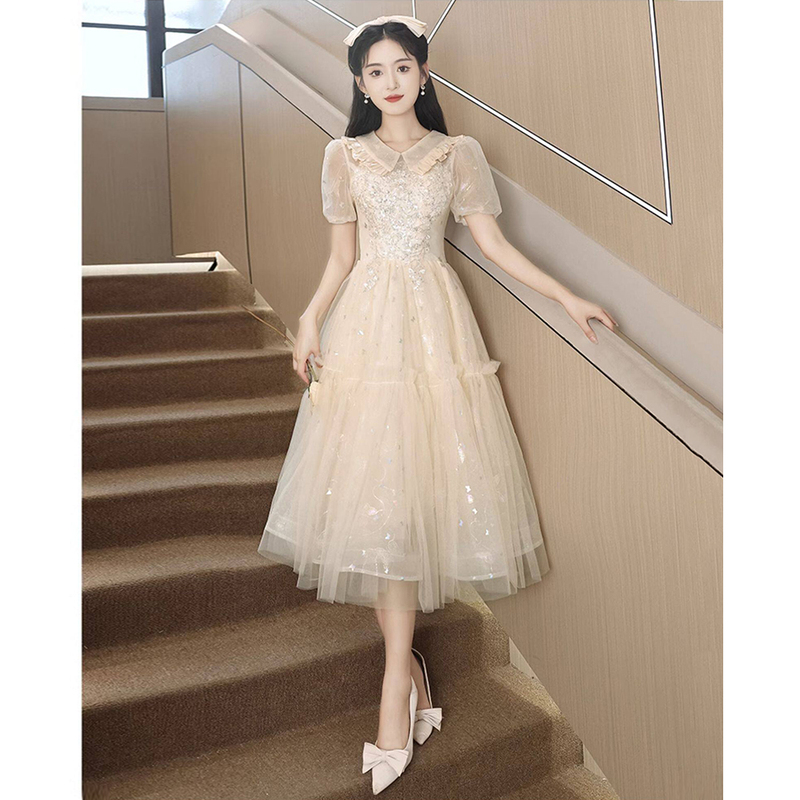 Champagne-Colored Evening Dress for Women 2026 New Style High-End Petite Graduation Host Coming-Of-Age Ceremony Birthday Dress