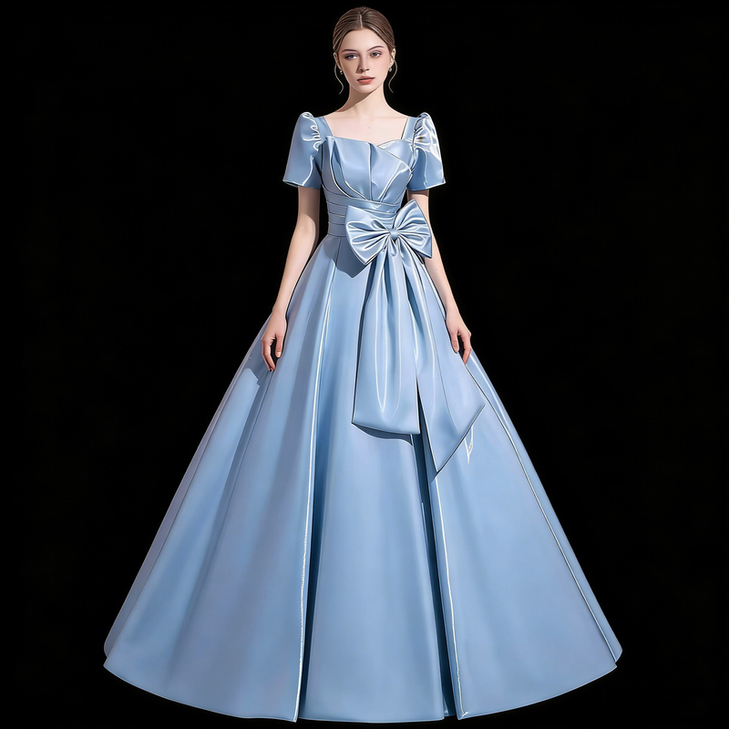 Blue Evening Dress, High-End Light Luxury Niche Satin Graduation Host Dress, 18-Year-Old Coming-Of-Age Ceremony High School Student Dress