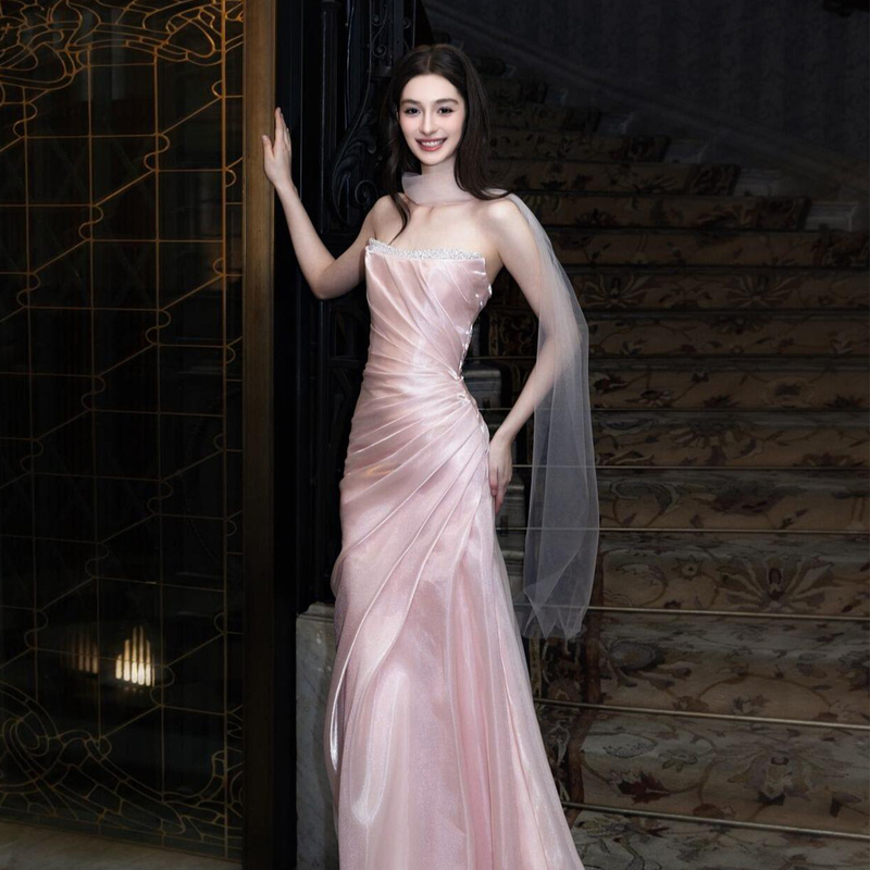 Pink Strapless Evening Dress, Light Luxury Engagement Fishtail Dress, Bridal Robe, High-End Light Wedding Dress, Birthday Dress